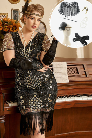 Paillettes noires des années 1920 Flapper Plus Taille Robe avec 20s Accessoires Set